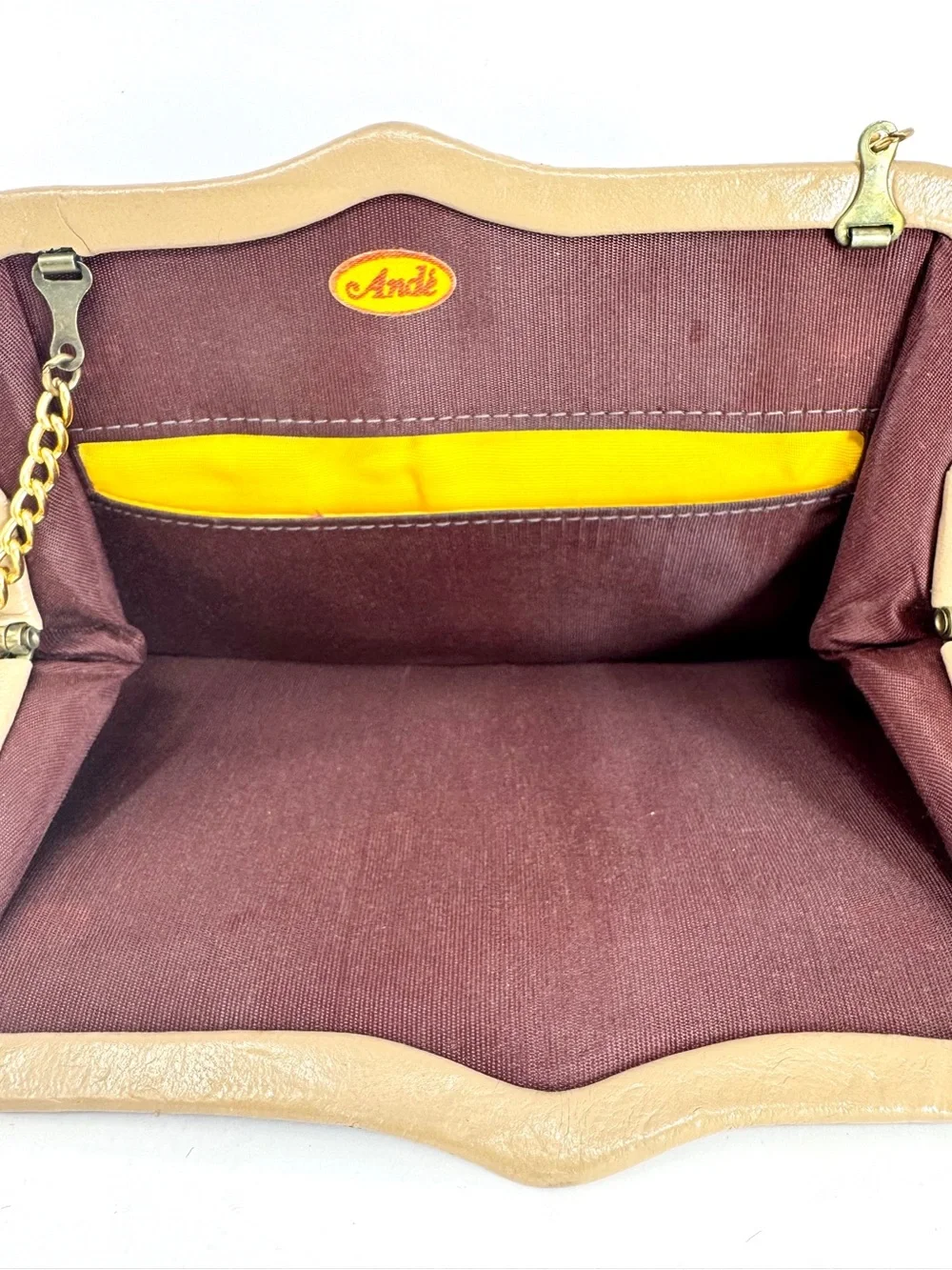 Vintage 1950s Ande Metallic Gold Leather Frame Clutch - Convertible Chain Strap